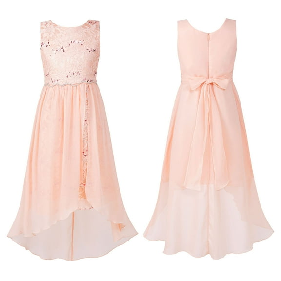 Aislor Little Girls High Low Lace Wedding Bridesmaid Pageant Party Chiffon Formal Dress 6-16 Coral Pink 10