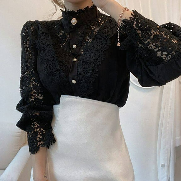 Fesfesfes Women's Dressy Shirt Casual Solid Color Blouse Hollow Lace Long Sleeve Tops