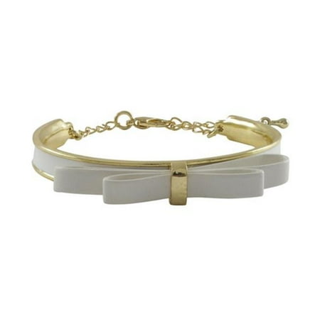 Plated White Enamel - White Bow & White Enamel Gold Plated Brass Bangle Bracelet, 5.5 x 2 in.