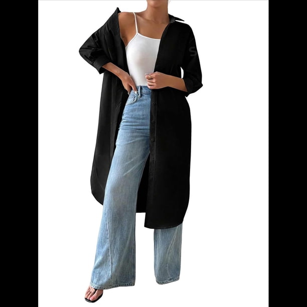 Camisas Casuales de Media con Botones para Mujer, Blusas Largas con Solapa , Tops Negro L