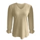 thumbnail image 5 of Top de manga larga con cuello en V y ribete de encaje para mujer - Blusa con detalle de ojales, poliéster/spandex, informal/playa - Tallas S-XXL, 5 of 6
