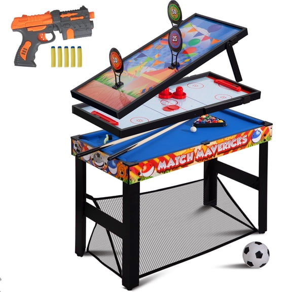 RayChee 36” 4-in-1 Multi Game Table, Combo Game Table Set for Kids, Childrens, Combination Arcade Set w/Pool Billiards, Air Hockey, Soccer, Shooting Game for Home, Game Room (Blue& Red)