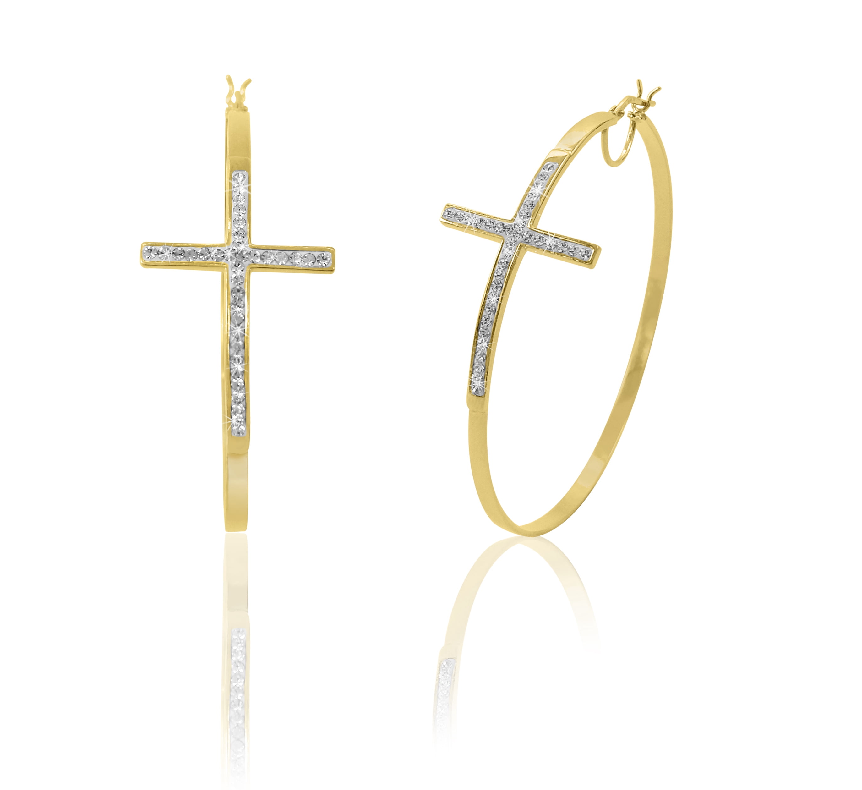 Brilliance Fine Jewelry Women's 14K Gold Plated Sterling Silver Crystal Cross Round Hoop Adults Earring