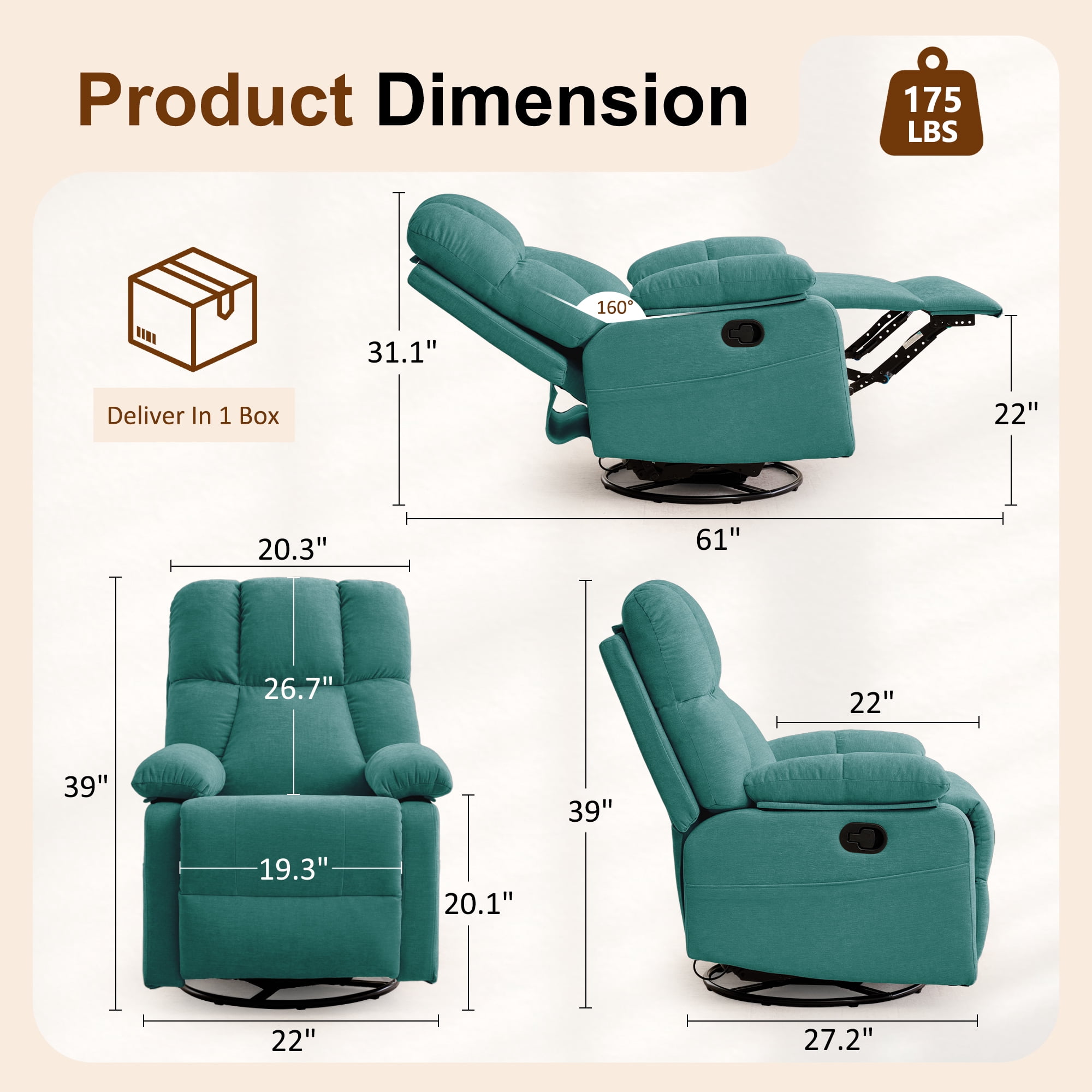 GEEYOO Swivel Rocker Recliner Chair for Adults,360°Swivel Nursery Recliner with Side Pockets,Small Recliner Chair for Small Spaces for Living Room,Linen,Green