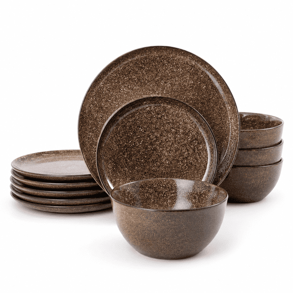 Brown 12-Piece Reactive Glaze Dinnerware Set, 10.5" Dinner Plates 8" Salad Plates 23 oz Cereal