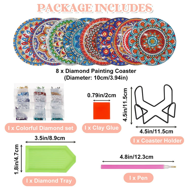 BUBABOX 8 Pcs Diamond Painting Coasters Kit with Holder,Mandala Coasters  DIY Diamond Art Crafts for Adults,Small Diamond Painting Kits