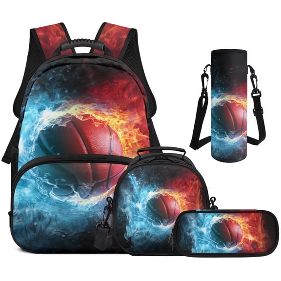 XYZCANDO Ice and Fire Basketball School Backpack Set 4Pcs with Portable Lunch Bag Multifunctional Pencil Case Water Bottle Bag Carrier Suitable for Elementary Middle School