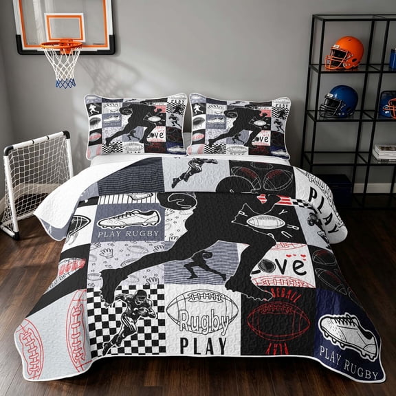 Manfei Boys Football Twin Quilt Set, Sport Checkered Twin Coverlet Set, Black Gray, Black Reversible 2pcs, 1 Bedspread and 1 Pillowcase