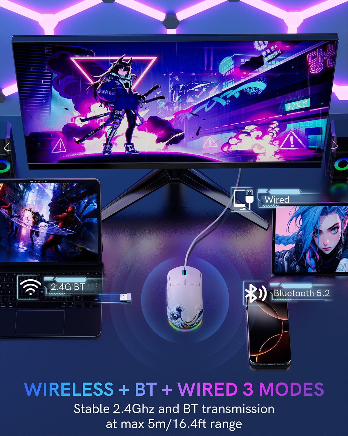 G57 Wireless Gaming Mouse, 8000 DPI, 80g, 2.4G/Bluetooth/USB-C Rechargeable Wireless Mouse with 5 Programmable Buttons for PC/Mac, White