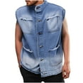 thumbnail image 2 of Aueoeo Vests For Men Casual Denim Jacket Mock Neck Vintage Button Up Sleeveless Ripped Jeans Vests With Multi-Pocket, 2 of 5