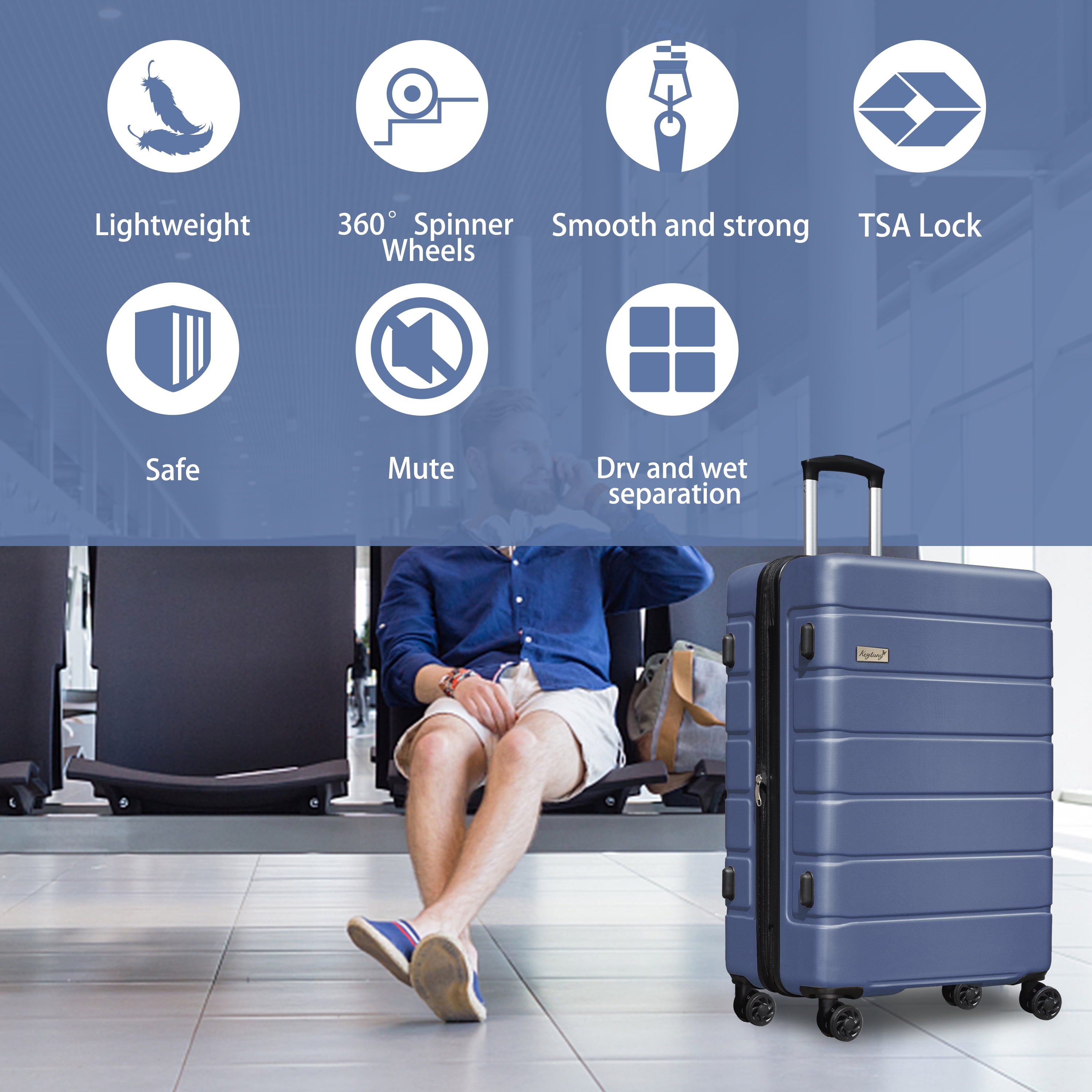 Keytang Lightweight Hardside Expandable Spinner Wheels Luggage Suitcase W/TSA Lock 3-Piece Set，Navy Blue