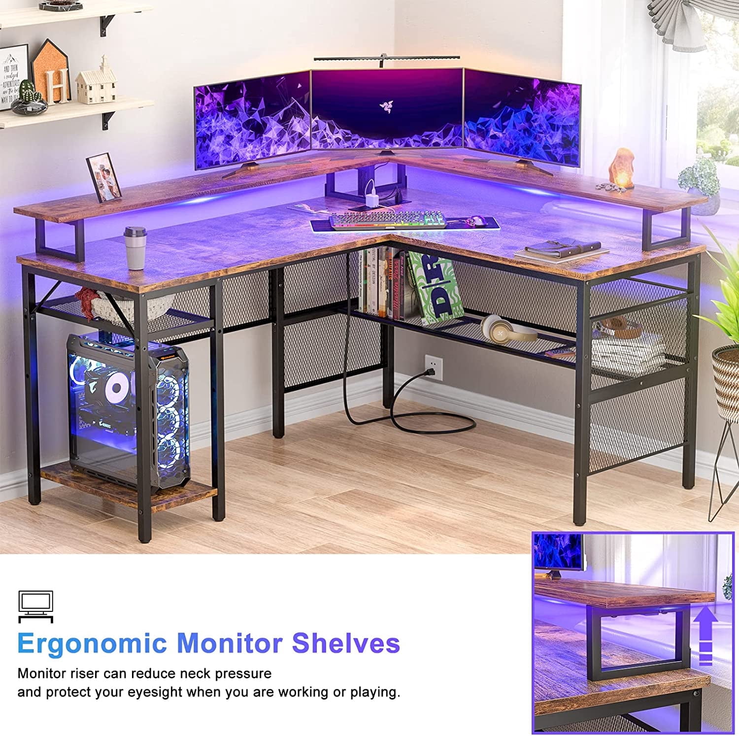 iSunirm L Shaped Computer Desk, Corner L Shaped Desk with Power Outlet and LED Light Strip, Reversible L Desk with Monitor Stand, Ergonomic 2 Person Office Desk for Home and Office, Rustic Oak