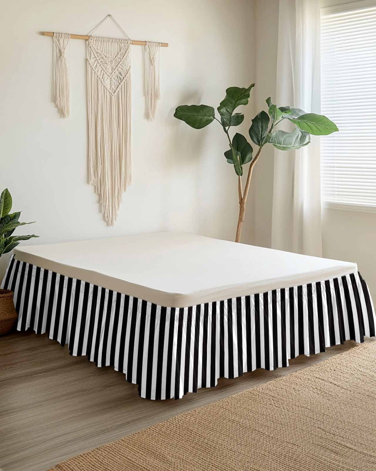 Black and Bed Skirt King Size 16" Drop White Stripe Ruffled Wrap Around Bed Skirts Adjustable Elastic Bedskirt Dust Ruffle for King Size Bed