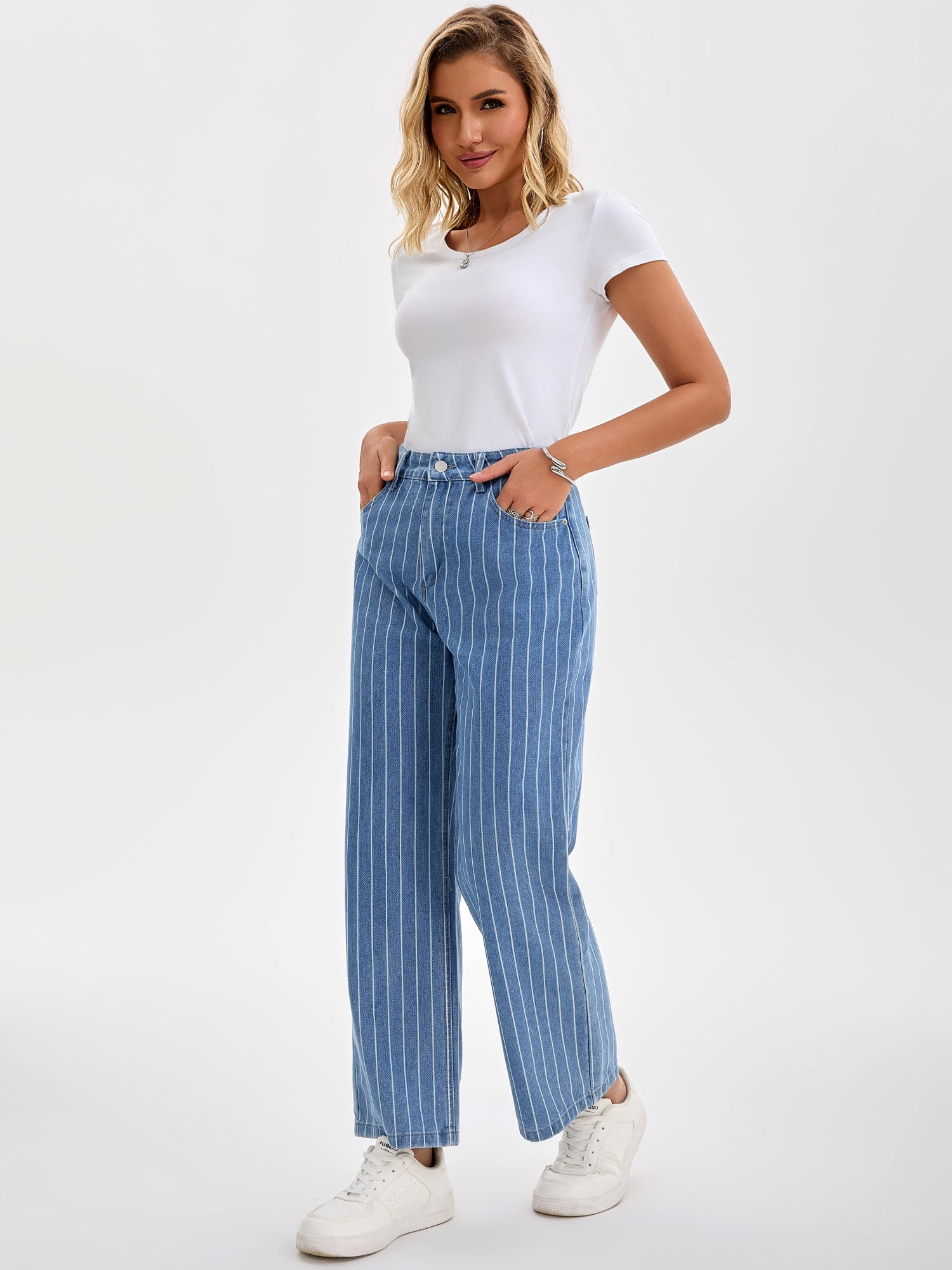 DARING DIVA Women's Striped High Rise Zipper Straight Leg Denim Pants S Blue
