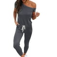 thumbnail image 5 of ZAZYULZ Pants Rompers for Women Women Off Shoulder Elastic Waist Beam Foot Jumpsuit Rompers Summer Casual Short Sleeve Loose Playsuit Pants With Pockets(Gray1,L), 5 of 5