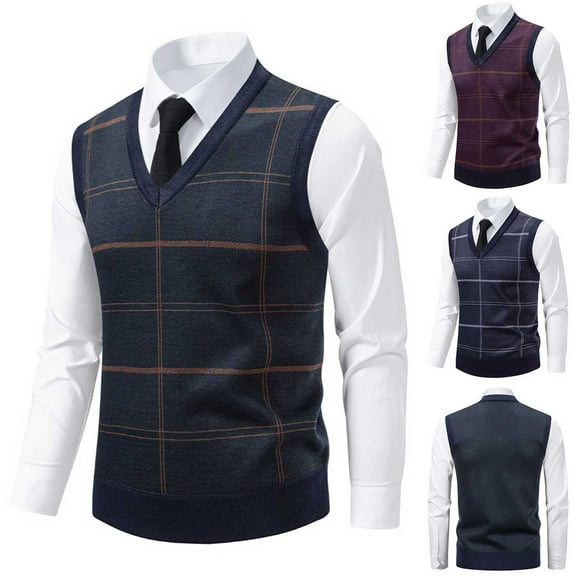 ZRGHAOYLQ Mens Dressy Knit Sweater Vest Trendy Plaid Printing Vests Casual V Neck Pullover Sweaters Fall Winter Warm Vest Loose Fit Sleeveless Knitwear Tops