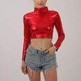 thumbnail image 6 of UYISJ Women's Shiny Metallic Liquid Crop Top Long Sleeve Mock Neck Turtleneck Slim Fitted Crop Top Clubwear Going out Shirts Red XL, 6 of 7
