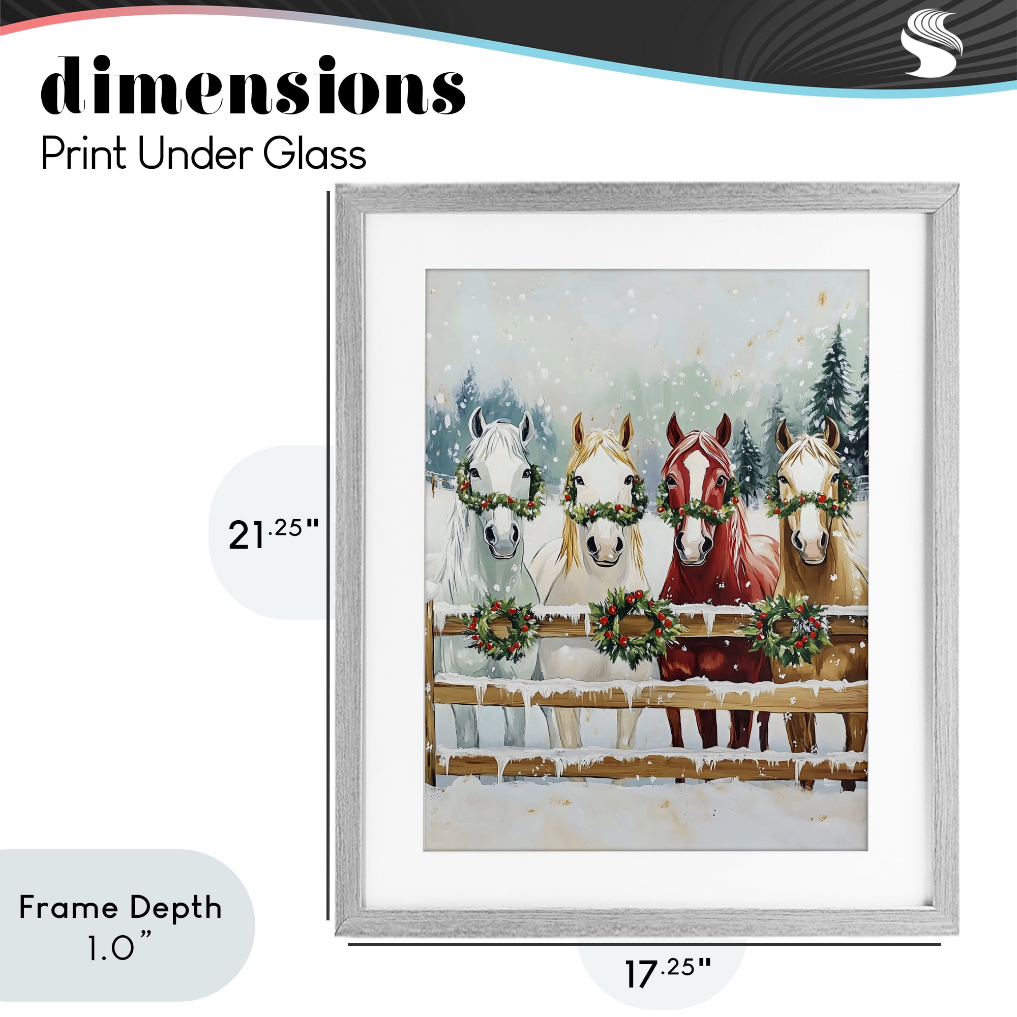 Stupell Industries Christmas Horses with Holly Wreaths Gray Framed Print Under Glass, design by The Prints Vibe