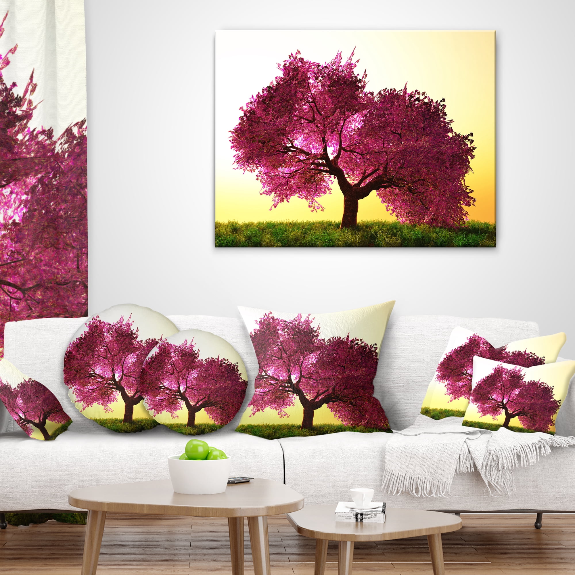 Designart Cherry Blossom in Beautiful Garden - Landscape Printed Throw Pillow - 18x18