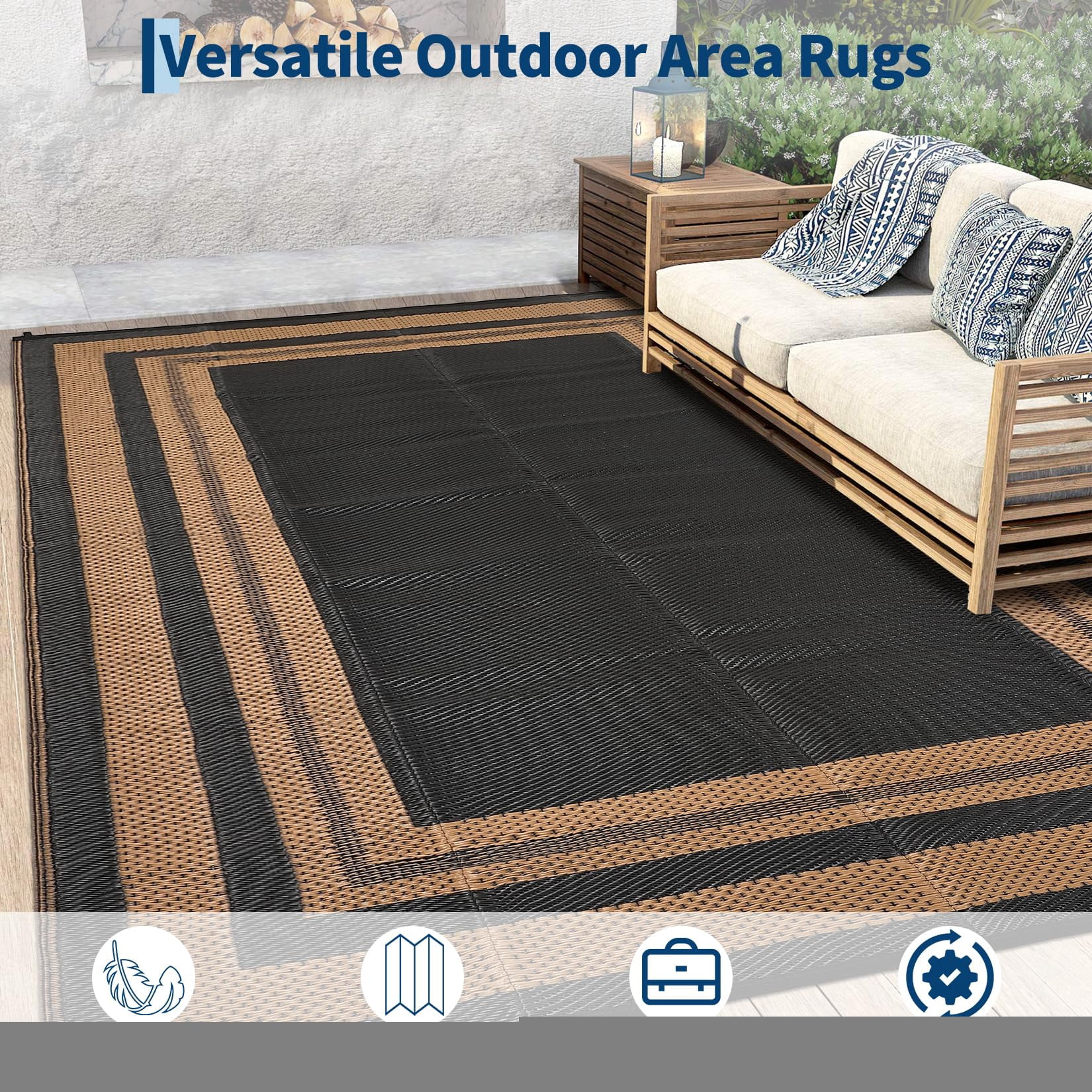 Outdoor Plastic Straw Rug 8x10 Reversible Patio Rug Outdoor Rugs Waterproof Camping Rugs Portable Outside Floor Mat for RV Porch Balcony Patio Camping Picnic Beach Black/Brown Panel
