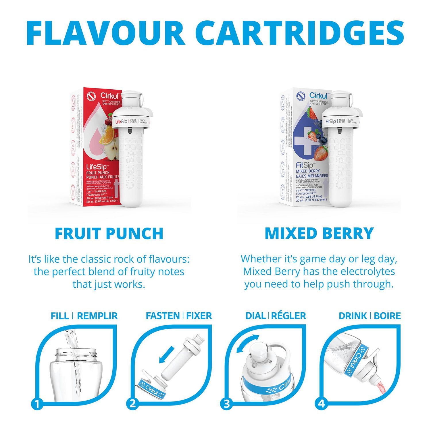 Cirkul 22oz White Stainless Steel Water Bottle Starter Kit with Blue Lid and 2 Flavour Cartridges (Fruit Punch & Mixed Berry)