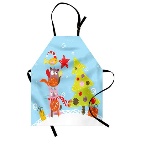 Christmas Apron Funny Cartoon Stylized Cat Owl and a Bird Best Friends Animals Gifts Noel Print, Unisex Kitchen Bib Apron with Adjustable Neck for Cooking Baking Gardening, Green Blue, by