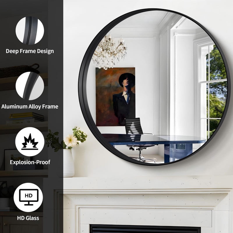 Lumora 24" Round Bathroom Mirror With Deep Frame Vanity Mirror for Wall, Black
