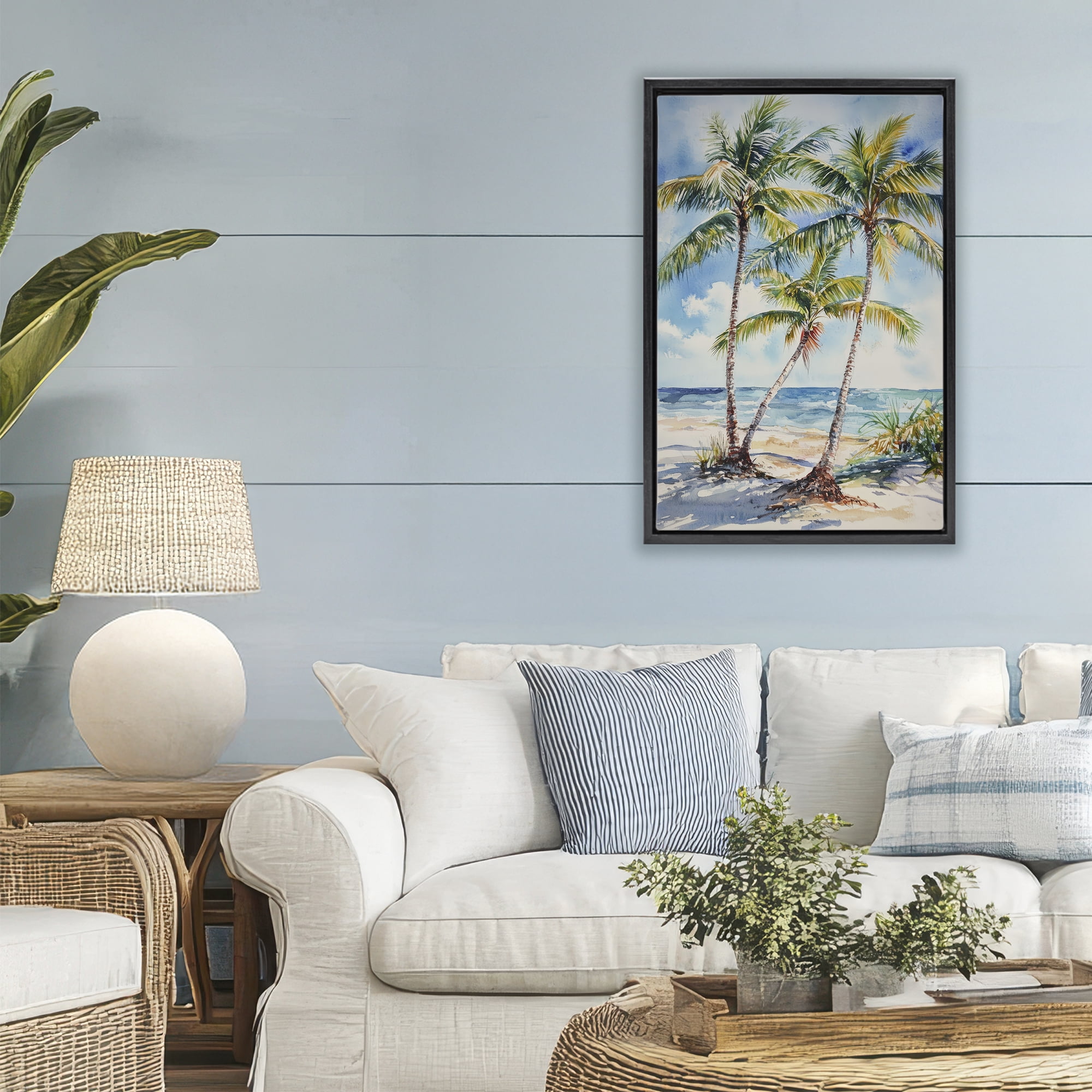 Stupell Industries Windy Palm Trees on Shore Black Framed Floater Canvas Wall Art, design by Petal Prints Design