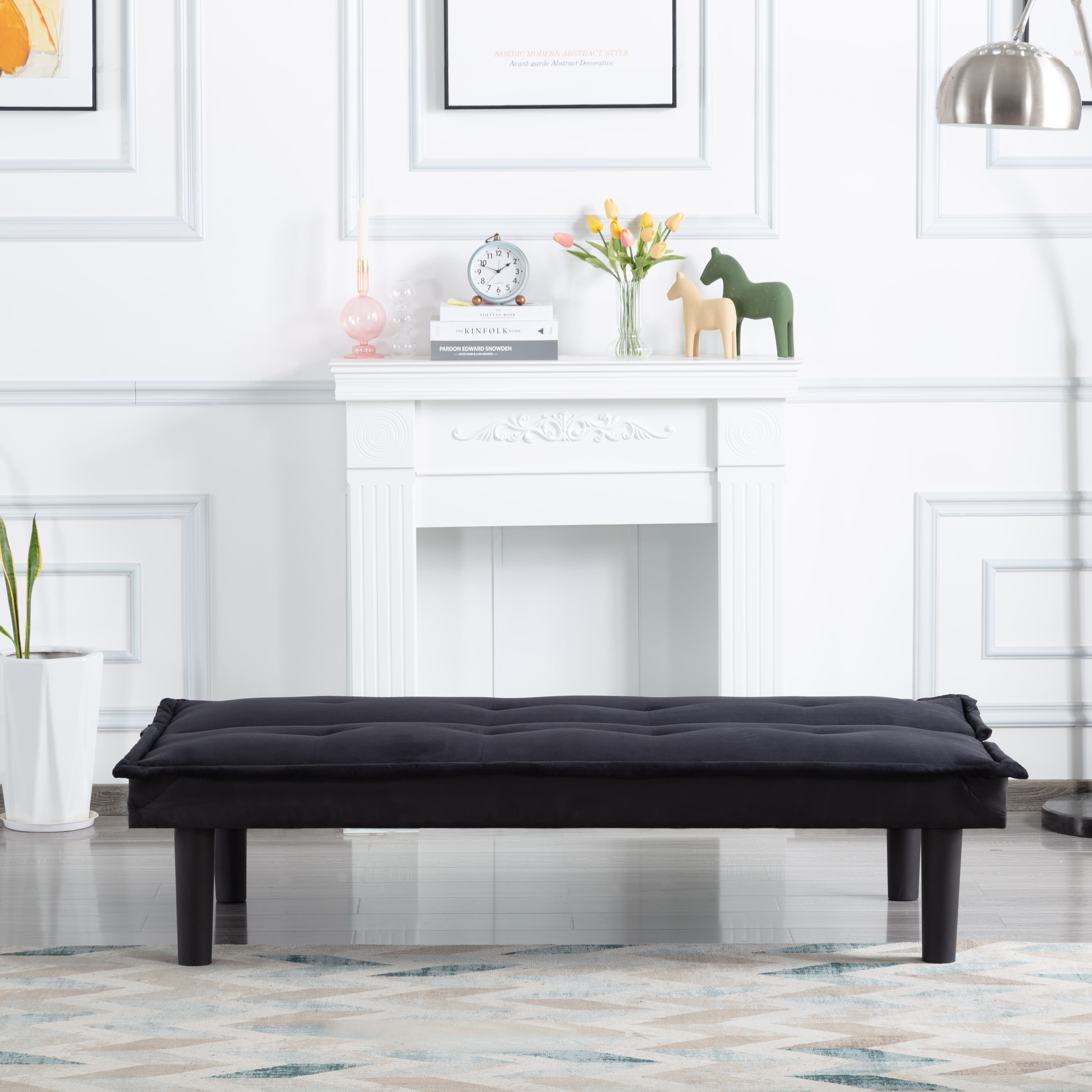 BSHTI 63.8 inch Futon Sofa Bed，Black Faux Suede Upholstered Sofa Couch,Convertible Sleeper Futon Sofa Bed for Livingroom