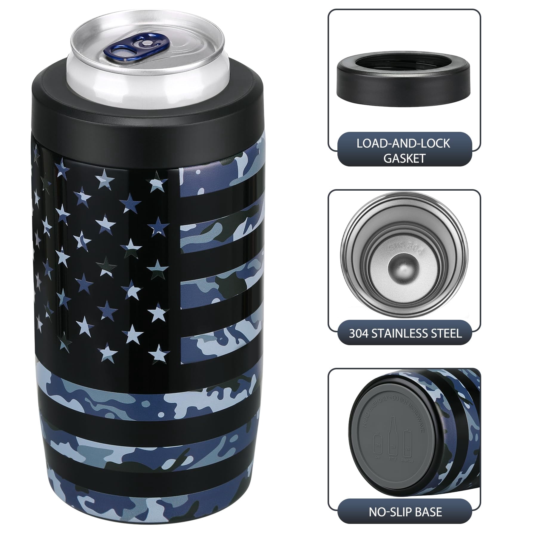 Jslove 4 in 1 Insulated Can Cooler - Universal Size for 12 oz Cans, Slim Cans, and Bottles - Camo Flag