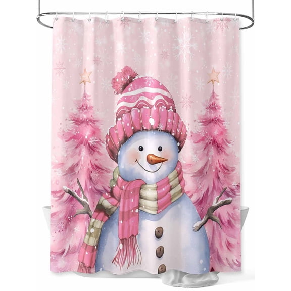 Pink Snowman Christmas Extra Long Shower Curtain Set, Waterproof Shower Curtains for Bathroom, Xmas Tree Winter Snowflake Pink Washable Fabric Cloth Bath Curtain for Bathtub with Hooks 72x96 Inches