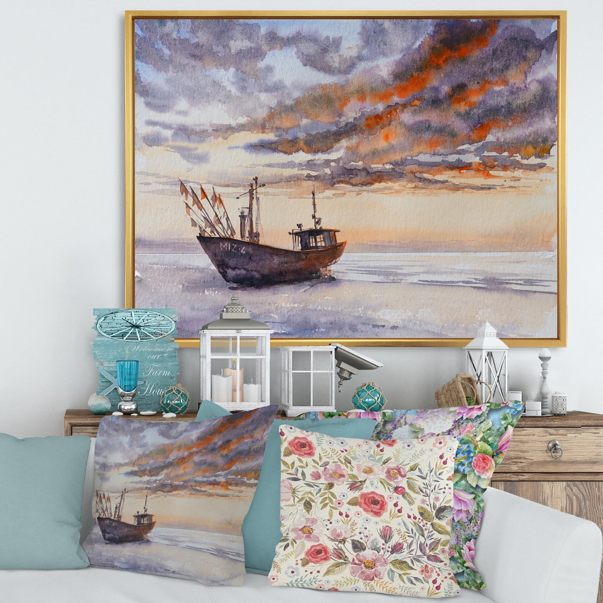 Designart 'Wooden Fishing Boat On The Baltic Shore With Evening Clouds' Nautical & Coastal Framed Canvas Wall Art Print