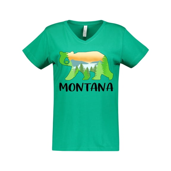 Inktastic Montana Lake and Trees in Bear Silhouette Women's V-Neck T-Shirt