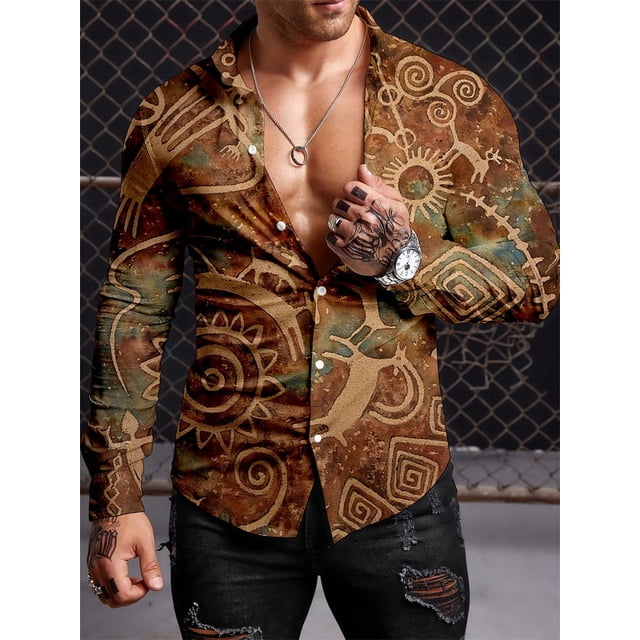 Camisas de manga larga para hombre estilo retro de otoño, tendencia de estilo étnico, ropa para hombre, camisas casuales con personalidad de moda, camisetas de manga larga para hombre