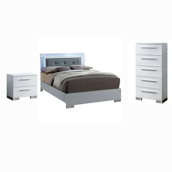FOA Rayland 3pc Glossy White Wood Bedroom Set - Queen Nightstand Chest