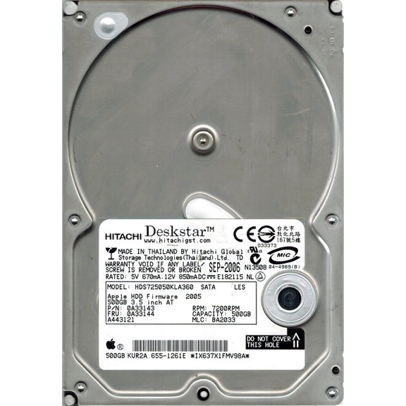 Hitachi HDS725050KLA360 P/N: 0A33143 MLC: BA2033 MAC 655-1261E 500GB