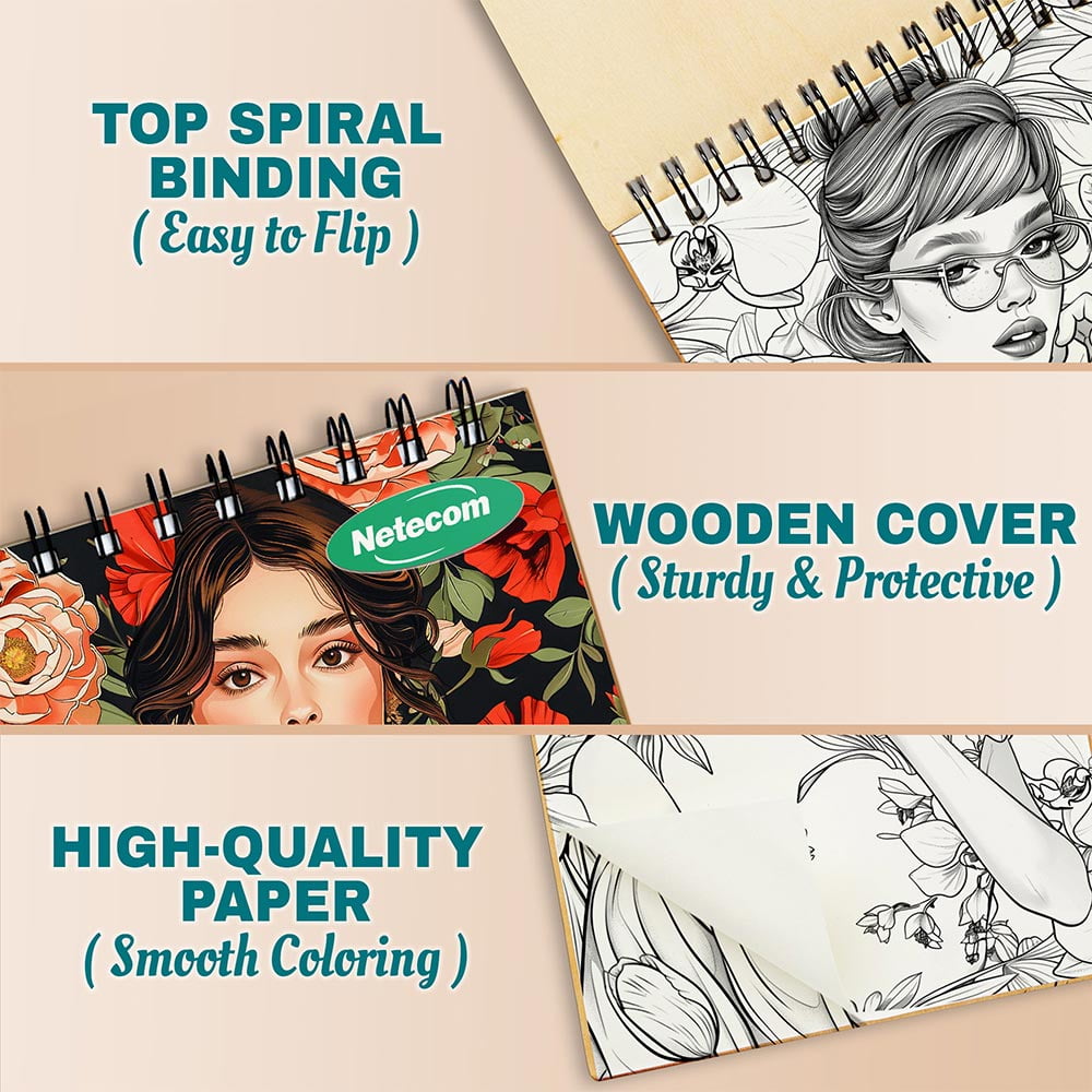 Netecom Modern Fashion Illustration Coloring Book Spiral Bound For Adults, A5 Wooden Cover, 30 Charming Coloring Pages for Relaxation and Stress Relief