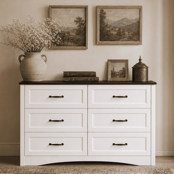 6-Drawer Dresser, 47" Wide Chest of Drawers with Metal Handles, Modern Storage Organizer Sturdy Wood Chest of Drawers for Bedroom, Living Room, Hallway, Office, Entryway, White&Black