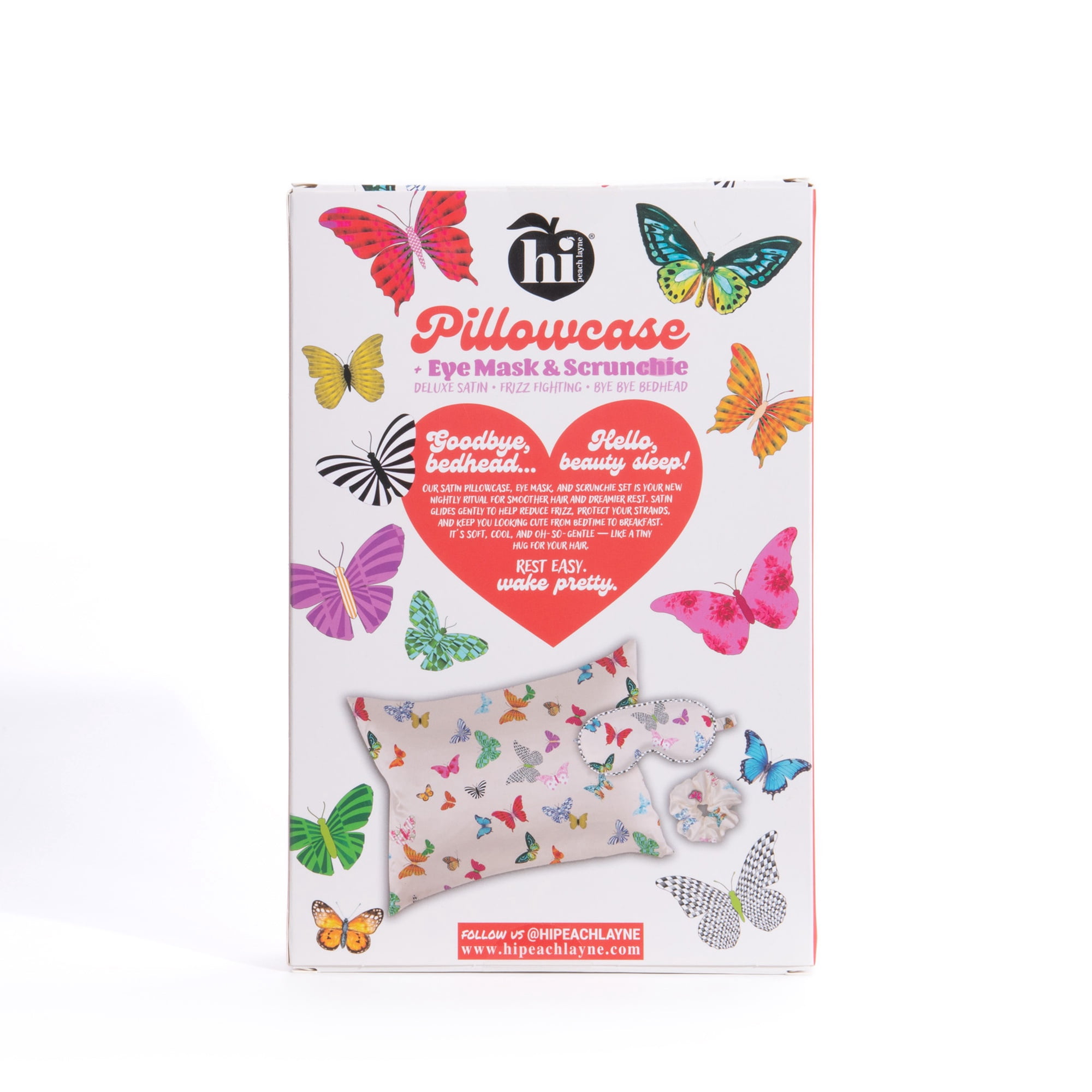 Hi Peach Layne Pillowcase, Eye Mask, and Scrunchie Set, Multicolor Butterfly, 3 Pieces