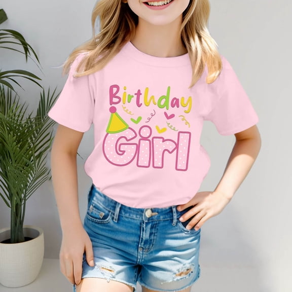 Girls Birthday Girl T-Shirt Letter Crew Neck Short Sleeve Light Pink Soft Breathable Lightweight Stretchy Blouse Size 18-24 M