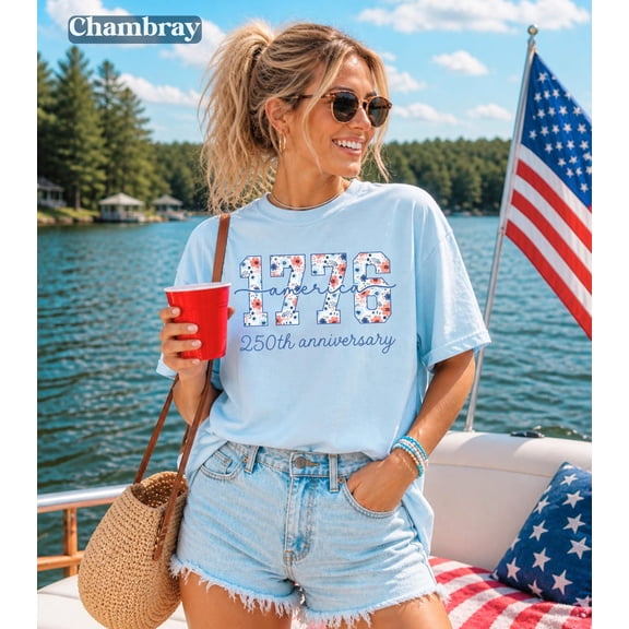 VibeNest Studio Unisex 1776 Floral America 250th Anniversary Patriotic 4th of July Garment Dyed Graphic T-Shirt