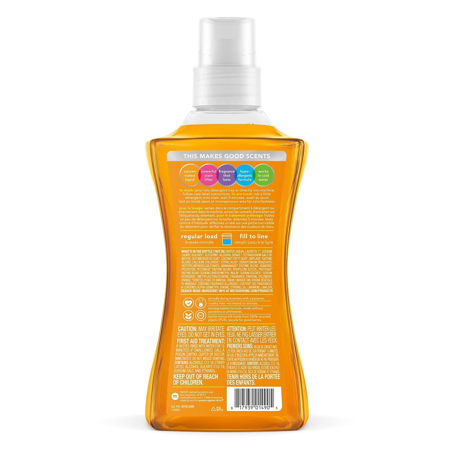 Method 4X Concentrated Laundry Detergent, Ginger Mango, 53.5 oz Bottle, 4/Carton (01490)