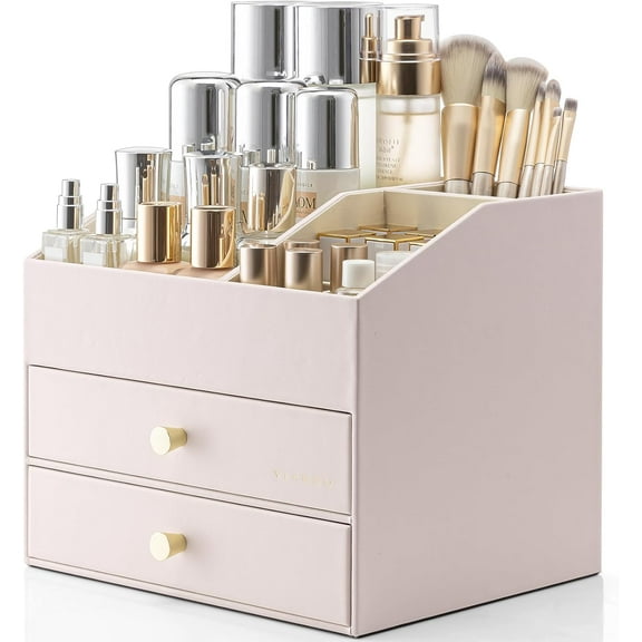 Makeup Organizer for Vanity,Large Capacity Countertop Organizer with Drawers, PU Leather Cosmetic Display Case for Lipstick,Brushes,Skincare,Bedroom Storage