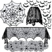 Halloween Decorations, 20 Pcs Happiwiz Halloween Round Tablecloth/ Table Runner/ Fireplace Mantel Scarf/ Lamp Shade Cover, Black Lace Spider Cobweb with 16 pcs Scary 3D Bat for Halloween Party Decor