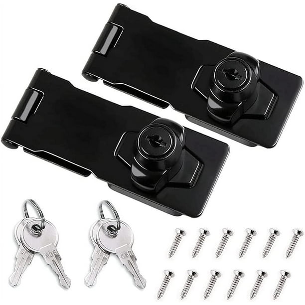 Cerrojo con llave, paquete de 2 hebillas y candado de 7,6 cm, cerradura metálica dos en uno con llave para puerta/armario/ventana (negro)