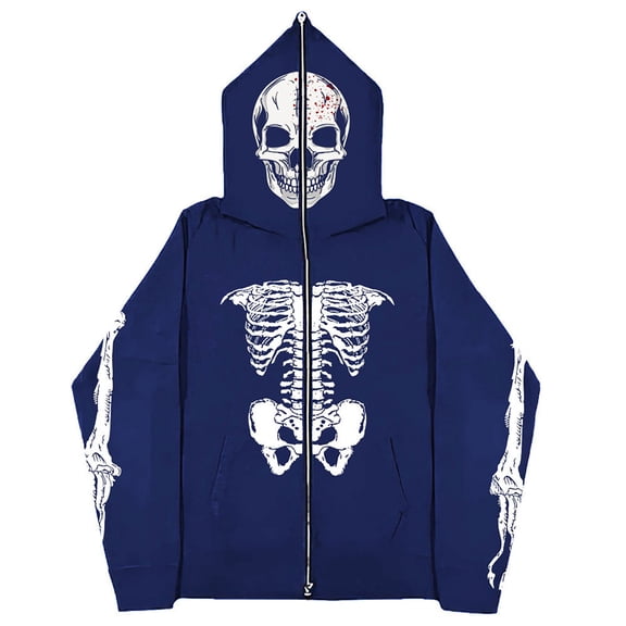 Mens Zip Up Hoodie Vintage Gothic Skull Print Halloween Long Sleeve Hooded Jacket with Pocket Lightweight Loose Fit Hoodies Men
