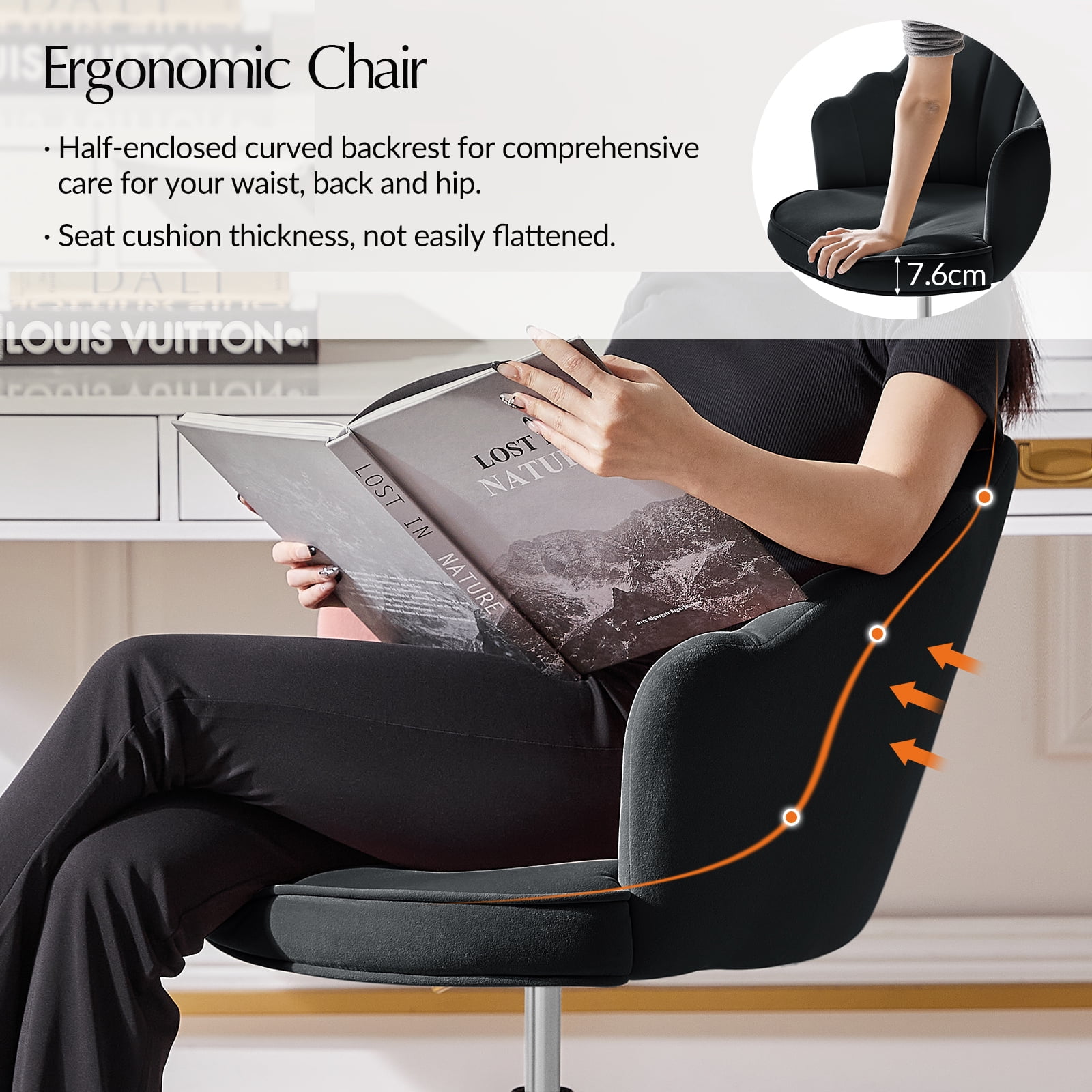 Office Chair Velvet Upholstered Task Computer Desk Shell Makeup Vanity Swivel Adjustable Metal Gold Base Bedroom Black