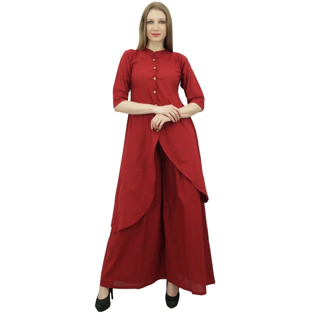 Phagun Indian Clothing Asymmetrical Solid Maroon Kurta Kurti With Palazzo Pant-26