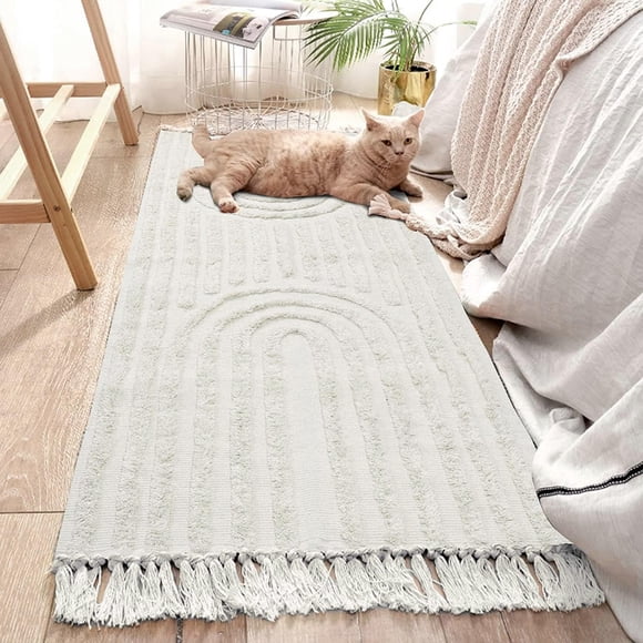 Alfombra para correr LEEVAN Boho, lavable, 60 x 150 cm, algodón beige
