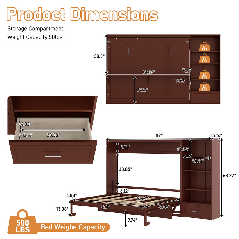 Queen Size Wall Murphy Bed with Adjustable Shelf, All-in-One Storage Bed Frame with Drawer, Folding Platform Bed for Guest Room